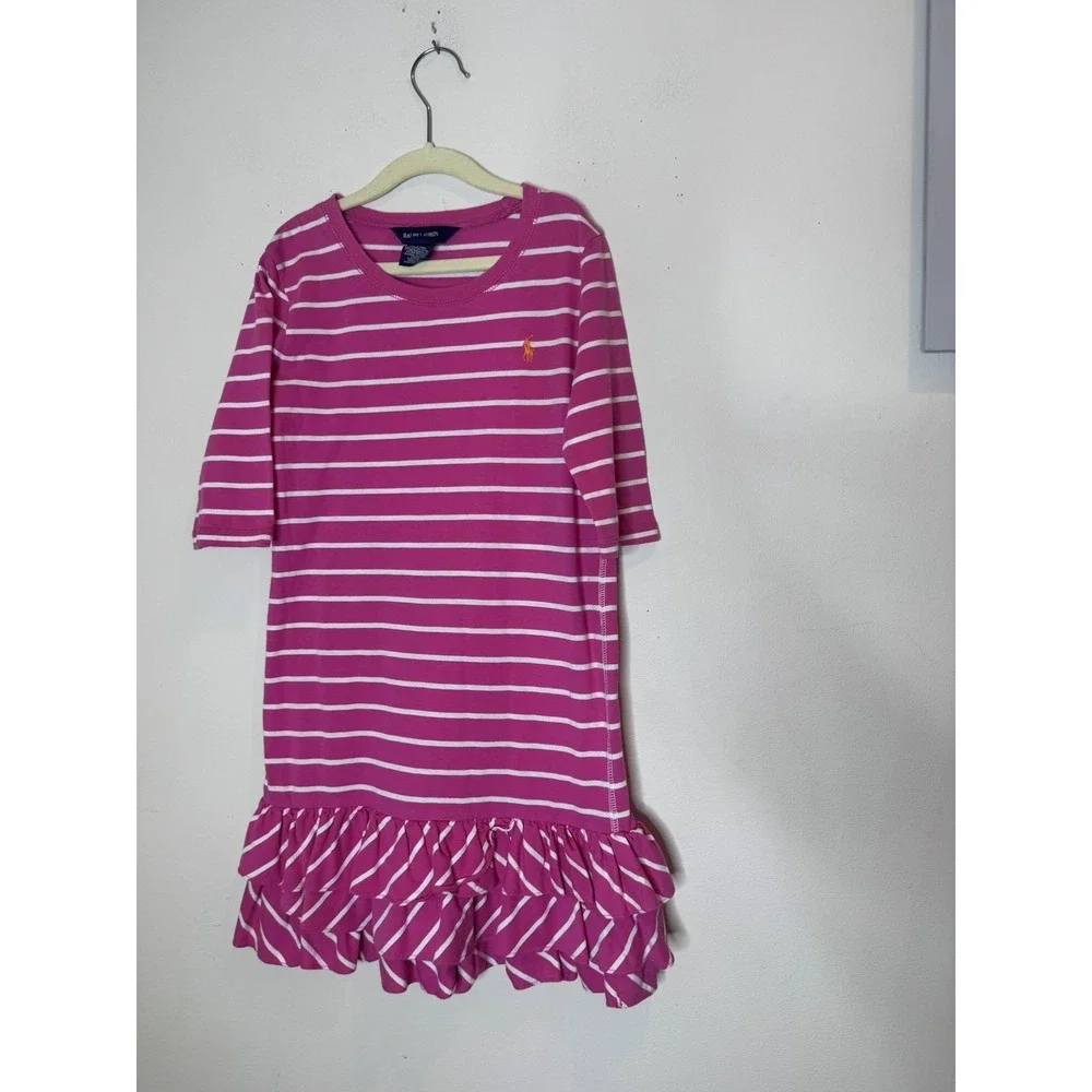 Ralph Lauren Dress Girls 8-10 Pink Stripe Half Sleeve Ruffle Hem T-Shirt Jersey